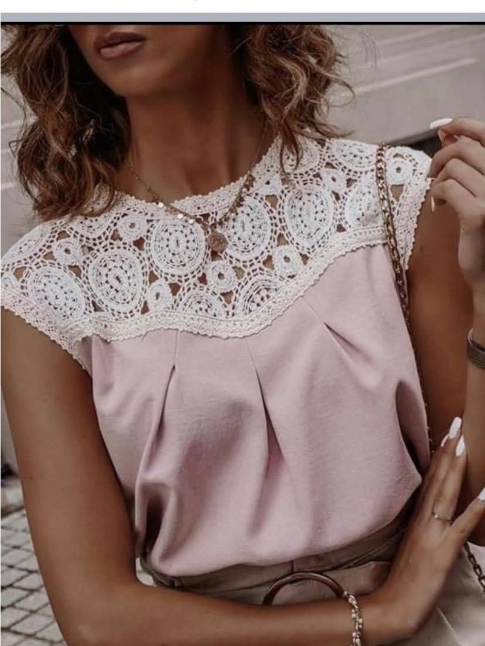 Sleeveless Crochet Yoke Blouse in Light Pink